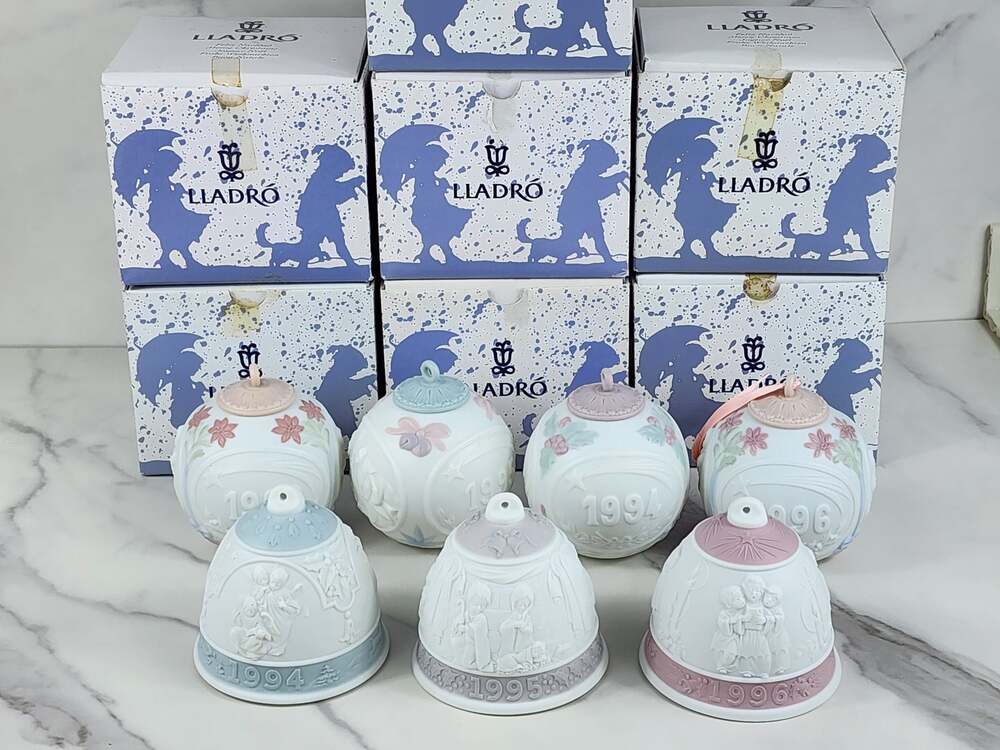 LLADRO Tree Christmas Ornament Ball & Bell 3" Matte Porcelain 1994 1995 1996 x7